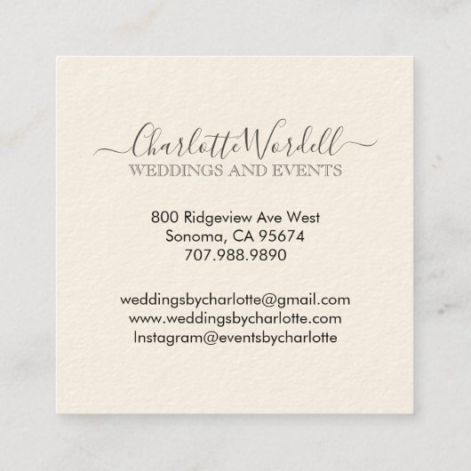 Wedding en Event Planner Floral Script Logo Vierkante Visitekaartje (Achterkant)
