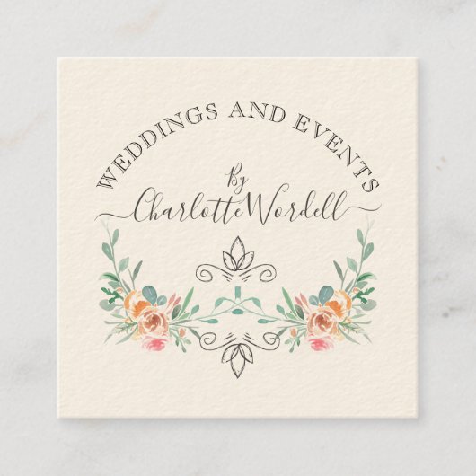 Wedding en Event Planner Floral Script Logo Vierkante Visitekaartje (Voorkant)