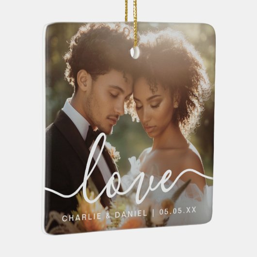 Wedding engagement photo love couples names date keramisch ornament (Rechts)