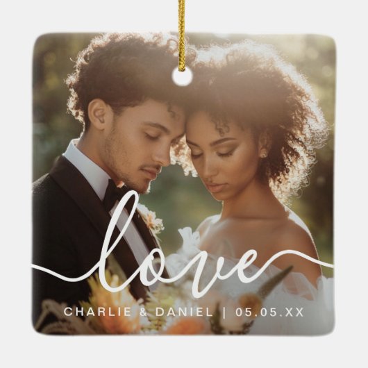 Wedding engagement photo love couples names date keramisch ornament (Achterkant)