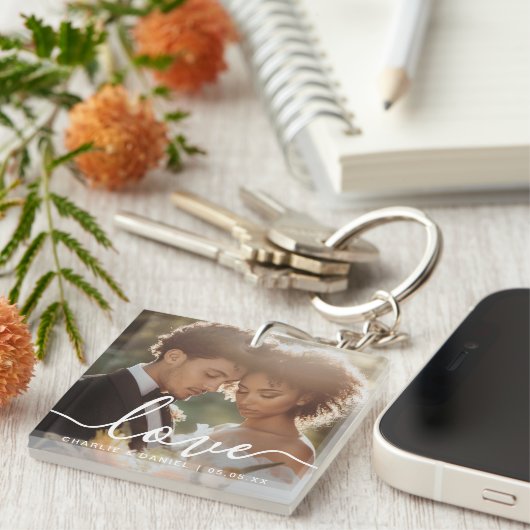 Wedding engagement photo love couples names date sleutelhanger (Voorkant Rechts)