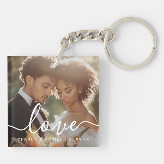 Wedding engagement photo love couples names date sleutelhanger (Achterkant)