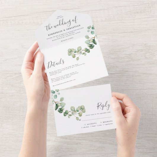 Wedding Eucalyptus botanical invitation elegant All In One Uitnodiging (Afscheurbaar)