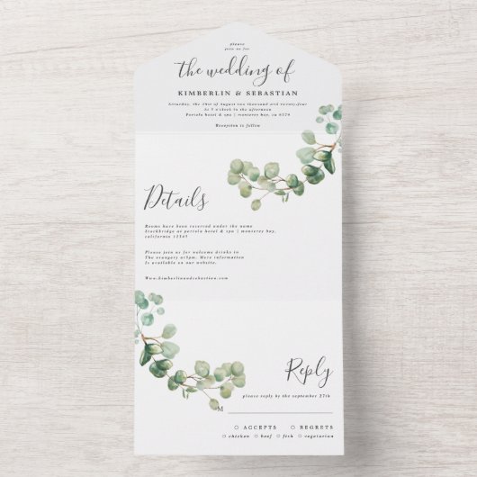 Wedding Eucalyptus botanical invitation elegant All In One Uitnodiging (Binnen)