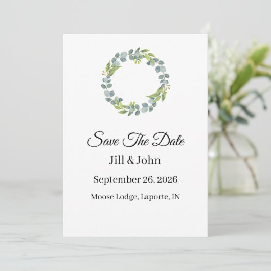 Wedding Eucalyptus Wreath Vertical  Save the Date  (Staand voorkant)