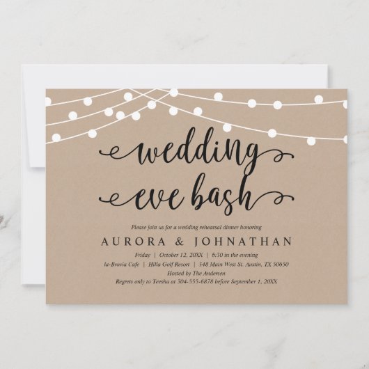 Wedding Eve Bash, Rustic Kraft repesal Dinner Kaart (Voorkant)