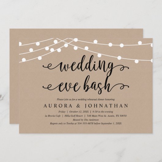 Wedding Eve Bash, Rustic Kraft repesal Dinner Kaart (Voorkant / Achterkant)
