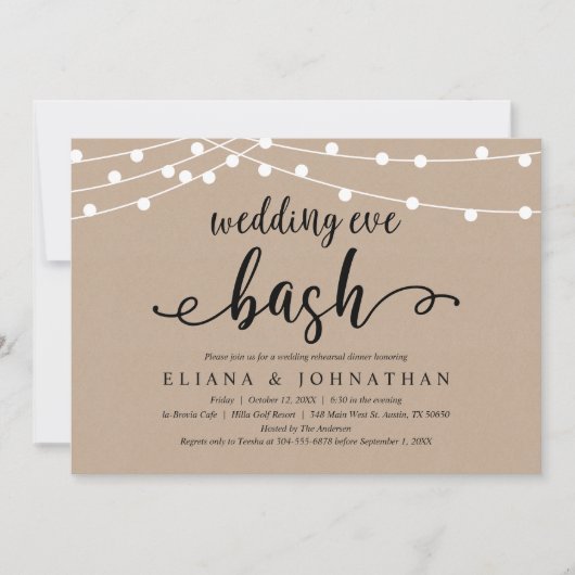 Wedding Eve Bash, Rustic Kraft repesal Dinner Kaart (Voorkant)