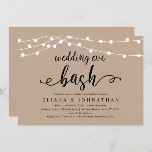 Wedding Eve Bash, Rustic Kraft repesal Dinner Kaart (Voorkant / Achterkant)