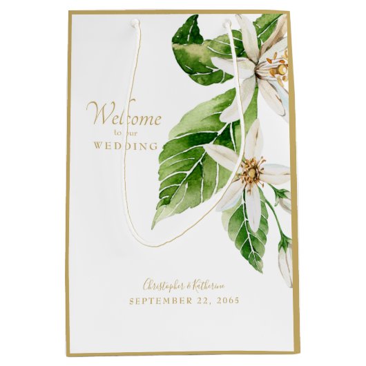 Wedding Favor Welcome Names White Floral Medium Cadeauzakje (Voorkant)