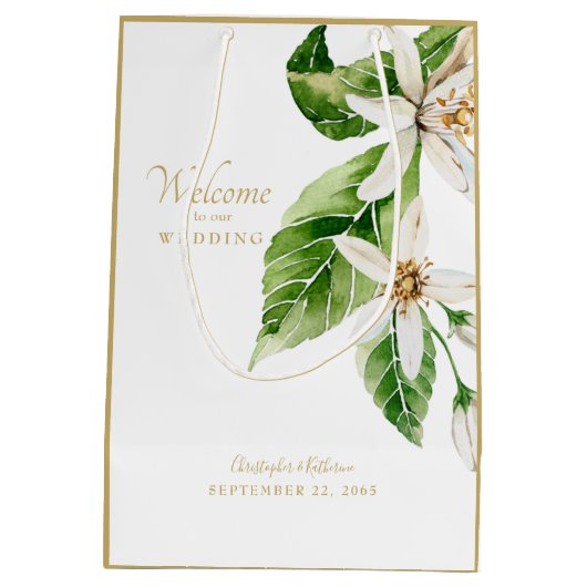 Wedding Favor Welcome Names White Floral Medium Cadeauzakje (Achterkant)