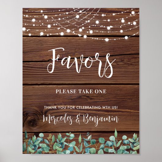 Wedding Favors Rustic Wood Greenery String Lights Poster (Voorkant)