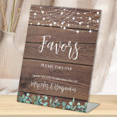 Wedding Favors Rustic Wood Greenery String Lights Reclamebord Met Voetstuk