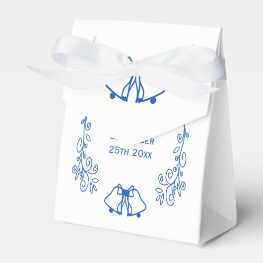 Wedding Favour Box Blue Sapphire Bells Scrollwork Bedankdoosjes (Voorkant Zijde)