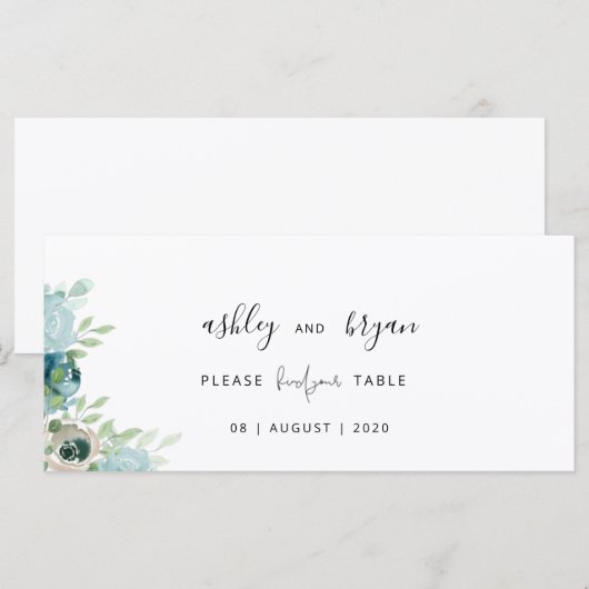 Wedding Find Your Table Dusty Blue Floral Card Programmakaart (Voorkant / Achterkant)