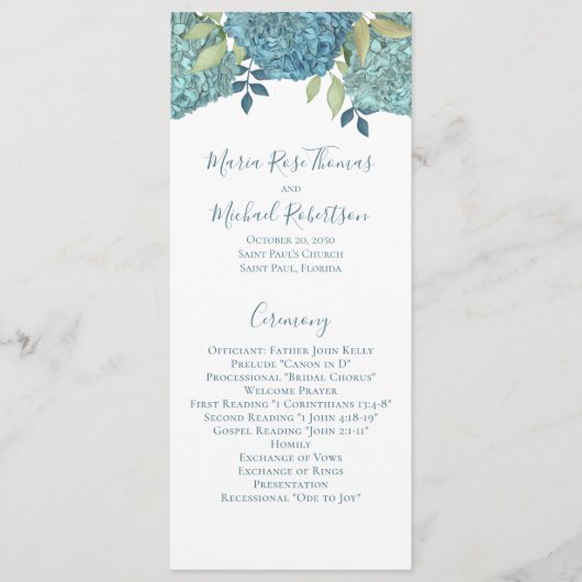 Wedding Floral Blue Hydrangea Ceremony Programme Programmakaart (Voorkant)