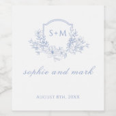 Wedding Floral Crest Monogram Dusty Blue Wijn Etiket (Enkel label)