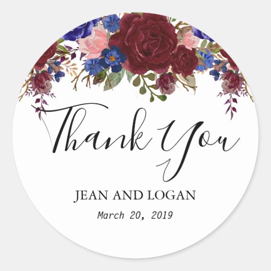 Wedding Floral Dank je Navy Burgundy Ronde Sticker (Voorkant)