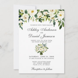Wedding Floral Green White Waterverf Uitnodiging