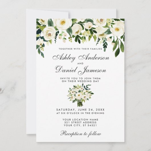 Wedding Floral Green White Waterverf Uitnodiging (Voorkant)