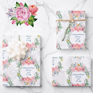 Wedding Floral Wreath Personalize Names Damask 3 Inpakpapier Vel