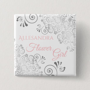 Wedding Flower Girl Name Tag Pink & Gray Frills Vierkante Button 5,1 Cm