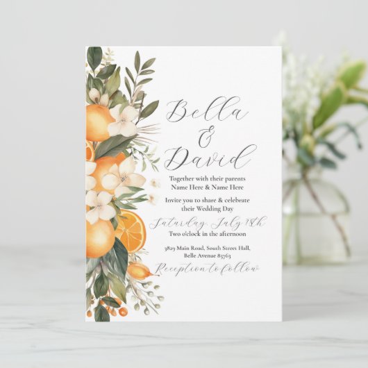 Wedding Flowers Fruit Sinaasappels Ceremonie Kaart (Staand voorkant)