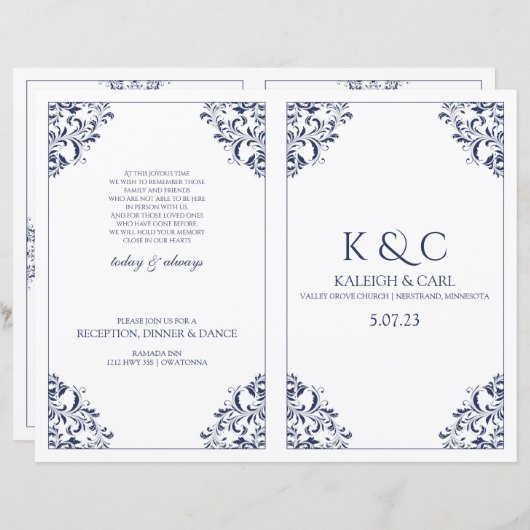 Wedding Foldover Program Booklet - Nadine (marine) (Voorkant / Achterkant)