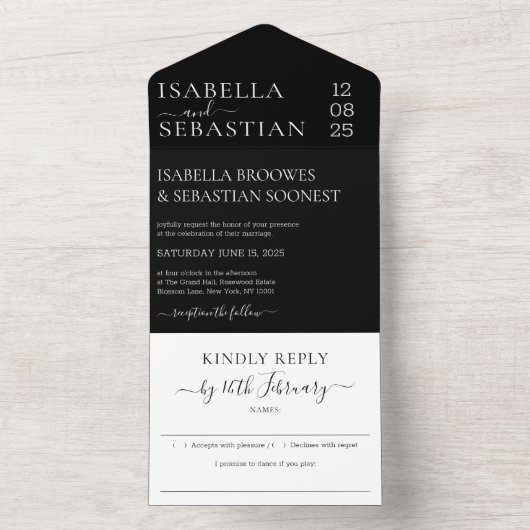 Wedding Formal Black Kindly Reply invite All In One Uitnodiging (Binnen)
