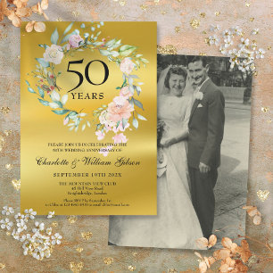 Wedding Foto Floral Gold Foil 50th Jubileum Kaart