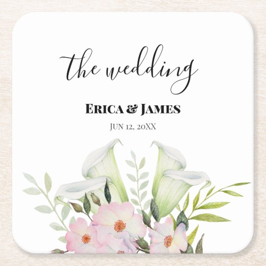 Wedding Gentle White Calla Lily Rozen Waterverf Kartonnen Onderzetters (Voorkant)