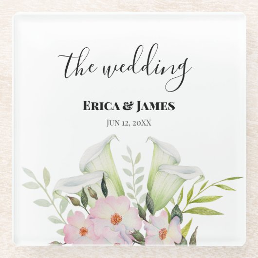 Wedding Gentle White Calla Lily Rozen Waterverf S Glazen Onderzetter (Voorkant)