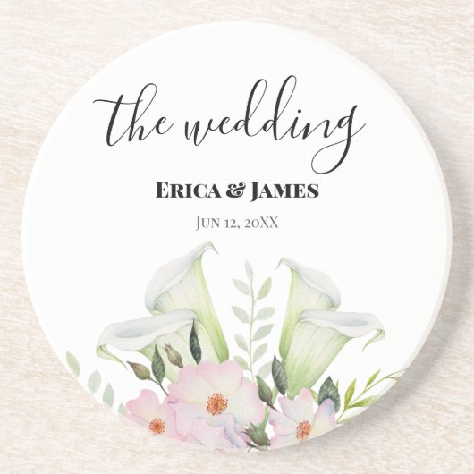 Wedding Gentle White Calla Lily Rozen Waterverf S Zandsteen Onderzetter (Voorkant)