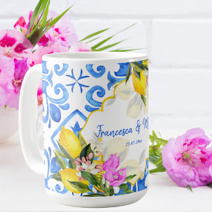 Wedding Gift Blue tegels lemon Bougainvillea Koffiemok