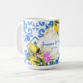 Wedding Gift Blue tegels lemon Bougainvillea Koffiemok (Voorkant links)