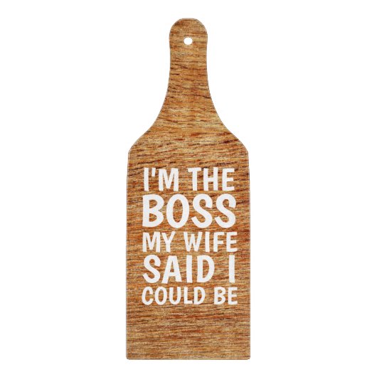 WEDDING GIFT CUTTING BOARD PADDLE, IK BEN DE BOSS SNIJPLANK (Voorkant)