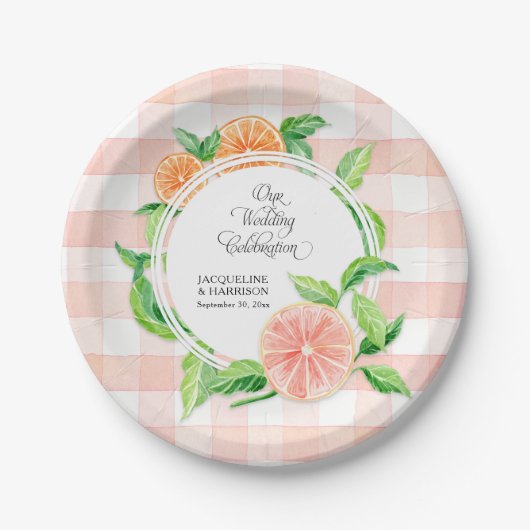 Wedding Gingham Boerderij Pink Striped Citrus Oran Papieren Bordje (Voorkant)