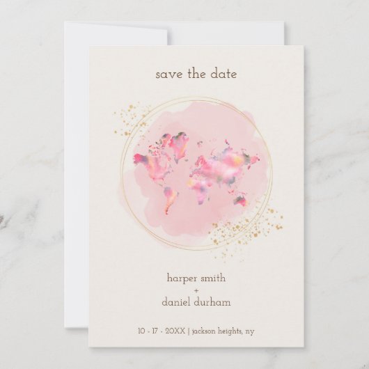 Wedding Gold Effect World Map Save The Date (Voorkant)