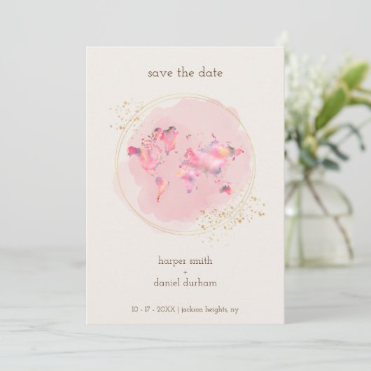 Wedding Gold Effect World Map Save The Date (Staand voorkant)