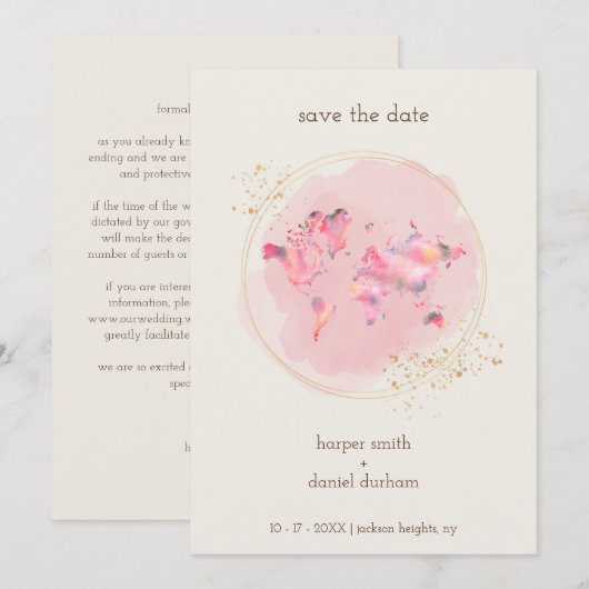 Wedding Gold Effect World Map Save The Date (Voorkant / Achterkant)