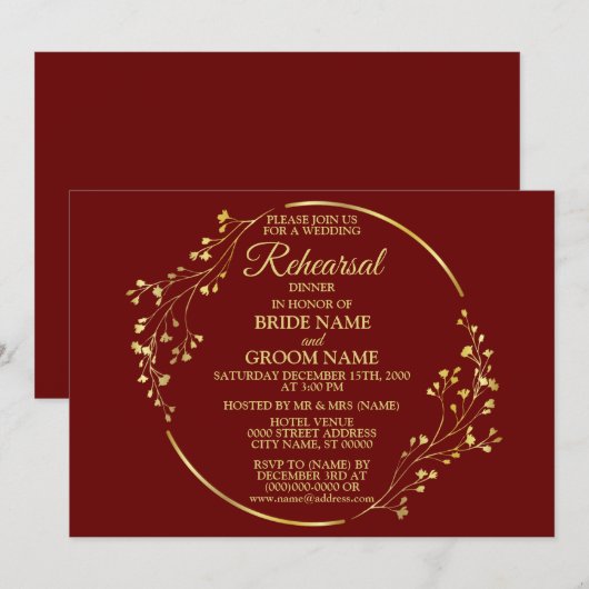 Wedding Gold Floral Wreath Red Rehearsal Dinner Kaart (Voorkant / Achterkant)