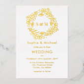 Wedding Gold Monogram Floral Wreath Folie Uitnodiging (Voorkant)