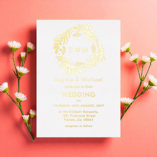 Wedding Gold Monogram Floral Wreath Folie Uitnodiging