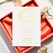 Wedding Gold Monogram Floral Wreath Folie Uitnodiging