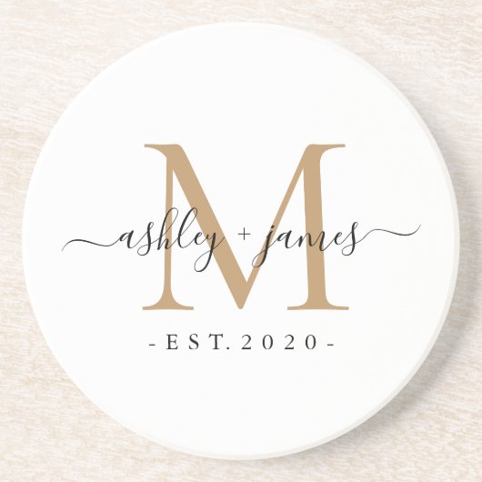 Wedding Gold Monogram Names Year Est  Zandsteen Onderzetter (Voorkant)