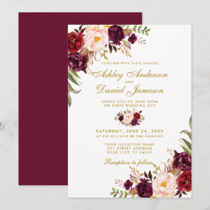 Wedding Gold Waterverf Burgundy Floral Kaart