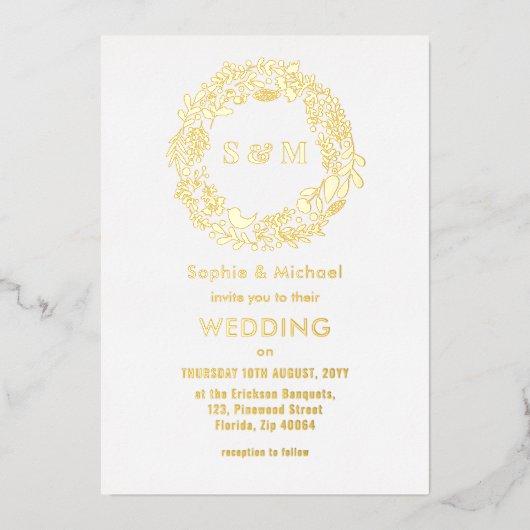Wedding Gold Yellow Floral Wreath Folie Uitnodiging (Voorkant)