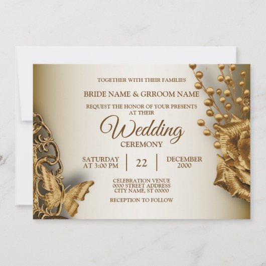 Wedding Golden Beige Floral Butterfly  Kaart (Voorkant)