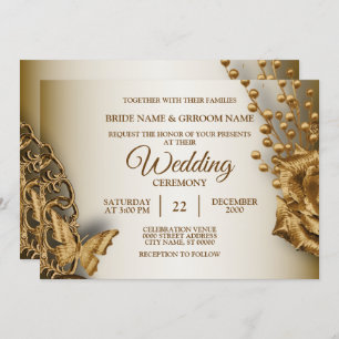 Wedding Golden Beige Floral Butterfly  Kaart