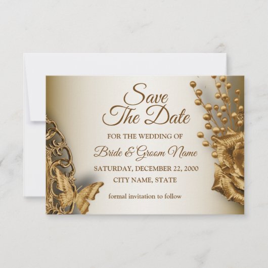 Wedding Golden Beige Floral Butterfly  Save The Date (Voorkant)